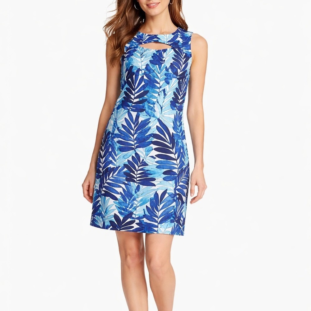 Gabby Skye Tropical Leaf Shift Dress Womens Sz 8 Blue Cutout Sleeveless Sundress